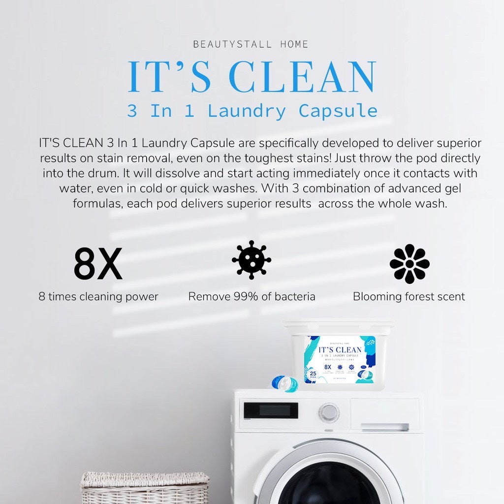 IT'S CLEAN 3 In 1 Laundry Capsule 25pods/1box (Detergent Pod) 3合1 洗衣胶囊 25颗/1盒